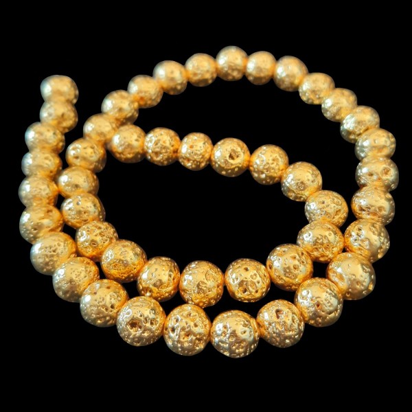 Fil de 46 perles rondes 8mm 8 mm en pierre de lave dorée teintée - Photo n°2