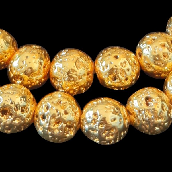 Fil de 46 perles rondes 8mm 8 mm en pierre de lave dorée teintée - Photo n°1