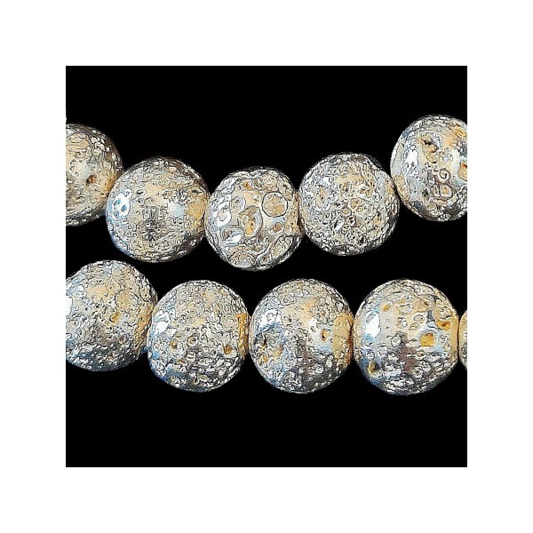 Fil de 46 perles rondes 8mm 8 mm en pierre de lave argentée teintée - Photo n°2