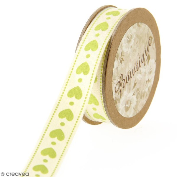 Ruban coton Celebrate - Coeurs verts sur fond beige - 15 mm x 5 m - Photo n°1