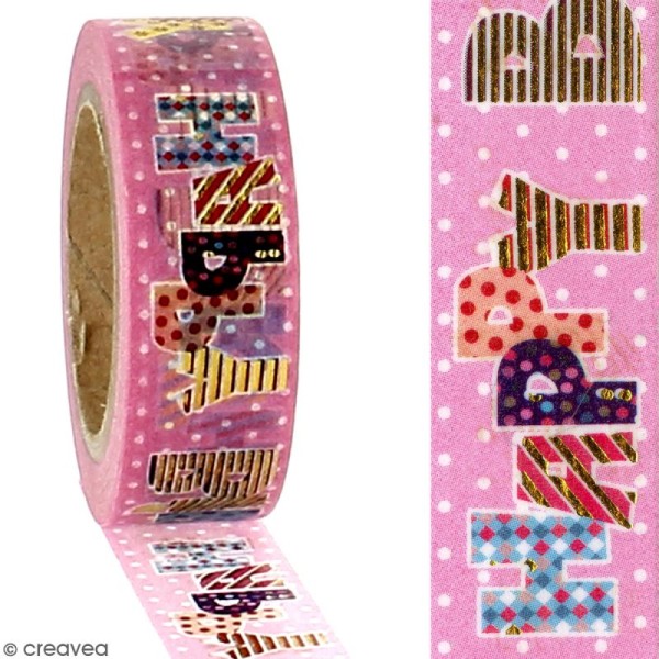 Washi Tape effet foil - Happy Birthday fond rose - 1,5 cm x 10 m - Photo n°2