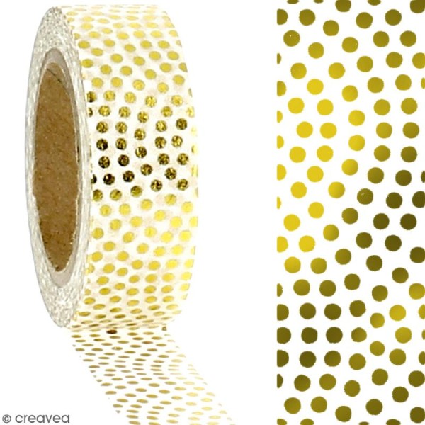 Washi Tape effet foil - Pois dorés sur fond blanc - 1,5 cm x 10 m - Photo n°2