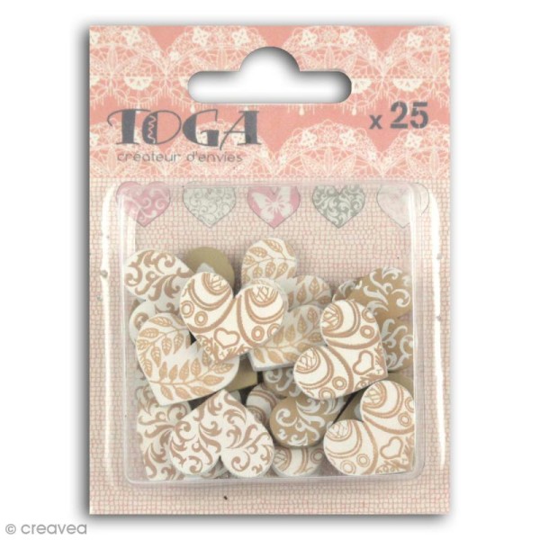 Confettis en bois - Coeurs - Beige et blanc - 2 cm - 25 pcs - Photo n°1