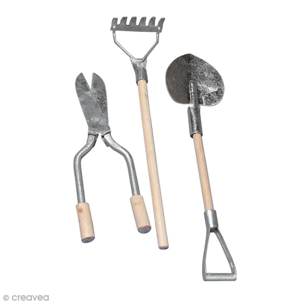 Set outils de jardin miniatures - Pelle, rateau, sécateur - 3 pcs - Photo n°1
