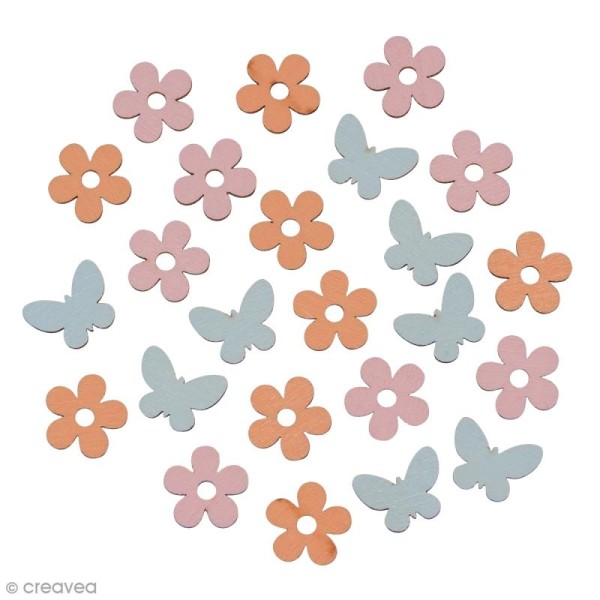 Miniatures en bois - 3 couleurs - Fleur et papillon - 1,7 x 1,4 cm - 24 pcs - Photo n°1