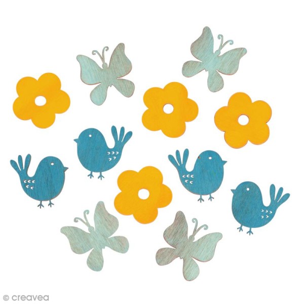 Miniatures en bois - 3 couleurs - Fleur, papillon, oiseau - 3 x 3,5 cm - 12 pcs - Photo n°1