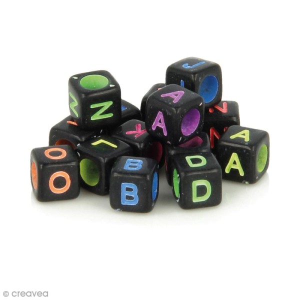 Perles alphabet Cubes - Noir à écriture multicolore - 5 mm - 300 pcs environ - Photo n°1