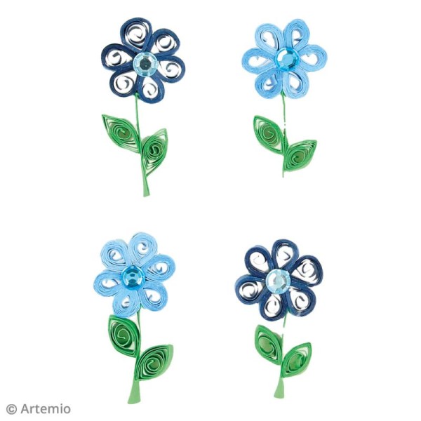 Stickers Quilling - Fleur avec brillant - Coloris Bleu - 4 pcs - Photo n°2