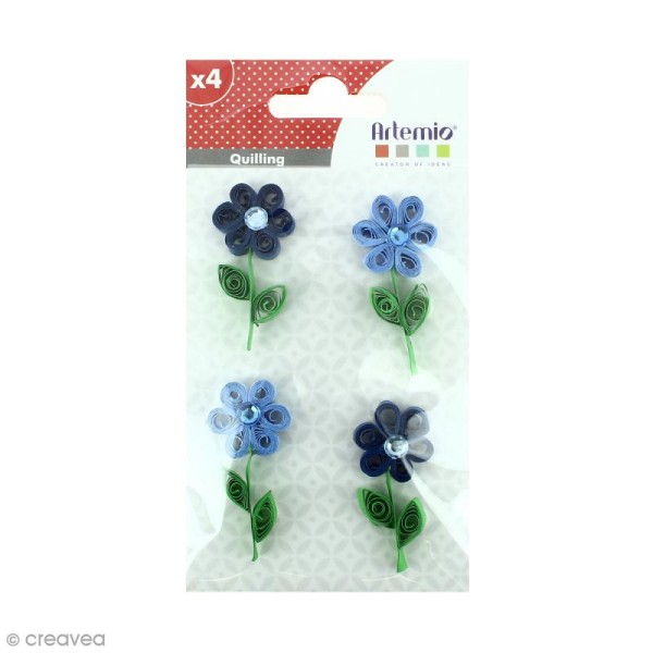 Stickers Quilling - Fleur avec brillant - Coloris Bleu - 4 pcs - Photo n°1