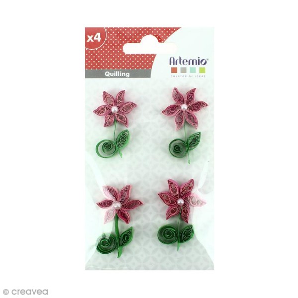 Stickers Quilling Fleur avec perle - Rose - 4,4cm - 4 pcs - Photo n°1