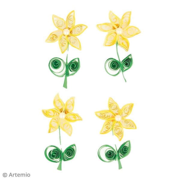 Stickers Quilling Fleur avec perle - Jaune - 4,4cm - 4 pcs - Photo n°2