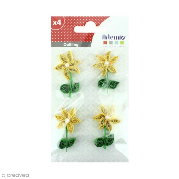 Stickers Quilling Fleur avec perle - Jaune - 4,4cm - 4 pcs - Photo n°1