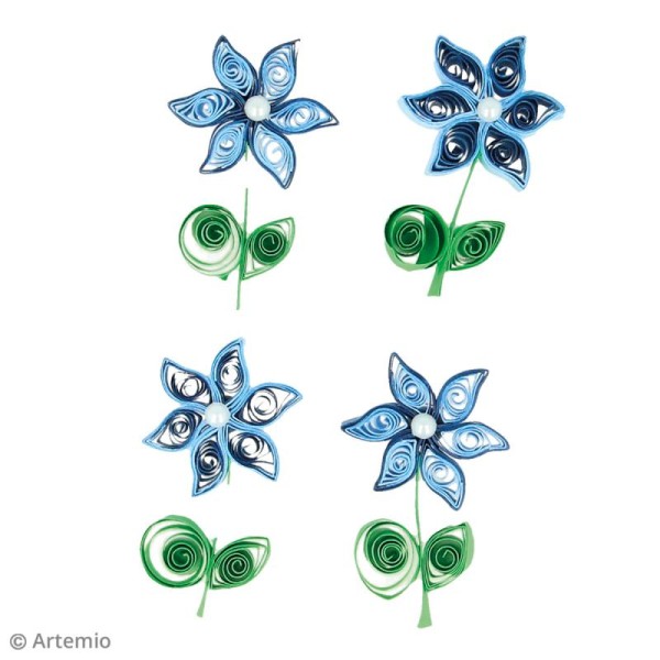 Stickers Quilling Fleur avec perle - Bleu - 4,4cm - 4 pcs - Photo n°2