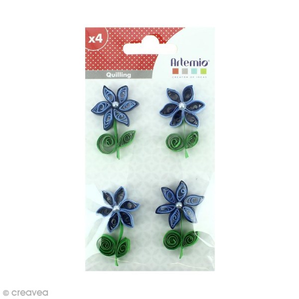 Stickers Quilling Fleur avec perle - Bleu - 4,4cm - 4 pcs - Photo n°1