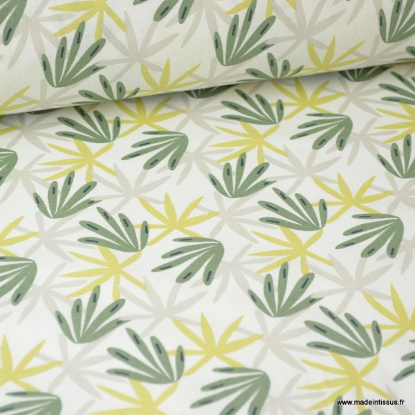 Tissu coton imprimé feuilles vertes, grises et Kaki fond Blanc - Oeko tex - Photo n°1