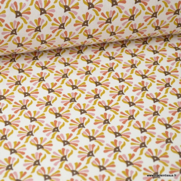 Tissu coton imprimé éventails Caramel  et rose fané - Guniko . Oeko tex - Photo n°1