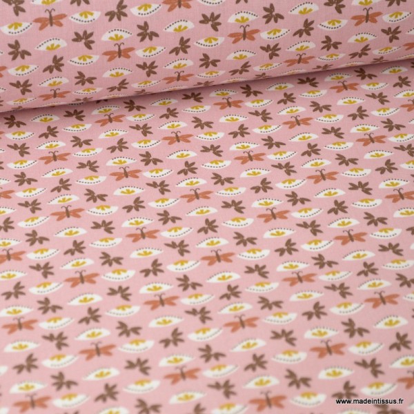 Tissu coton imprimé fleurs et papillons Rose - Sasaki . Oeko tex - Photo n°1
