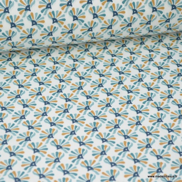 Tissu coton imprimé éventails Nil et Bleu marine - Guniko . Oeko tex - Photo n°1