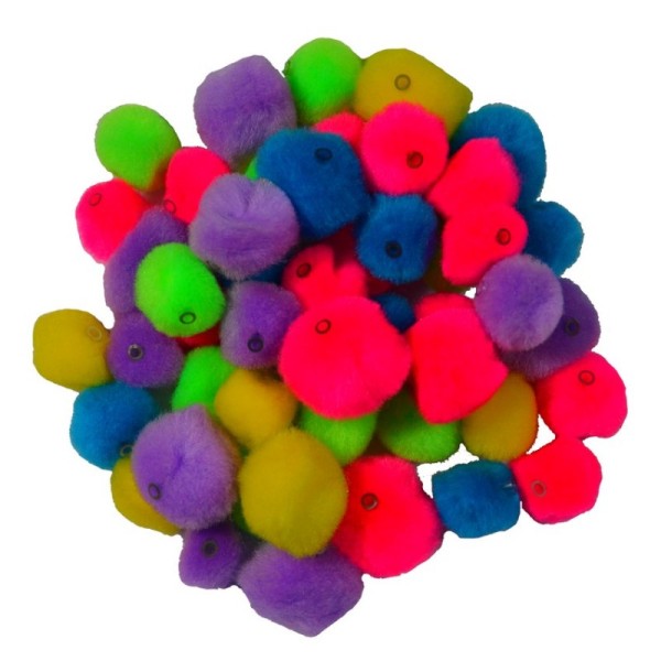 Lot de 50 Pompons multicolores bleu, rose, violet, jaune, de 1 à 2 cm, boules percées duveteuses - Photo n°1