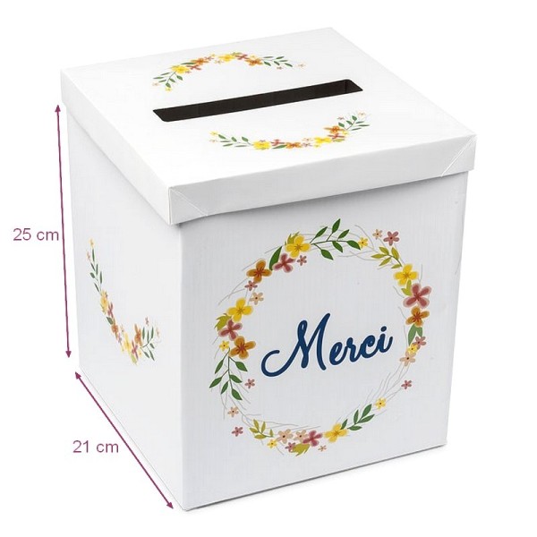 Urne Carrée Imprimé Merci fleuri, Carton rigide Blanc, 21 x 25 cm, tirelire Mariage à déplier - Photo n°1