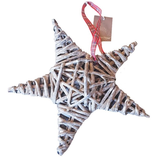 Grande Étoile en Rotin gris avec ruban à carreaux, dim. 20 cm, décoration de Noël à suspendre - Photo n°1