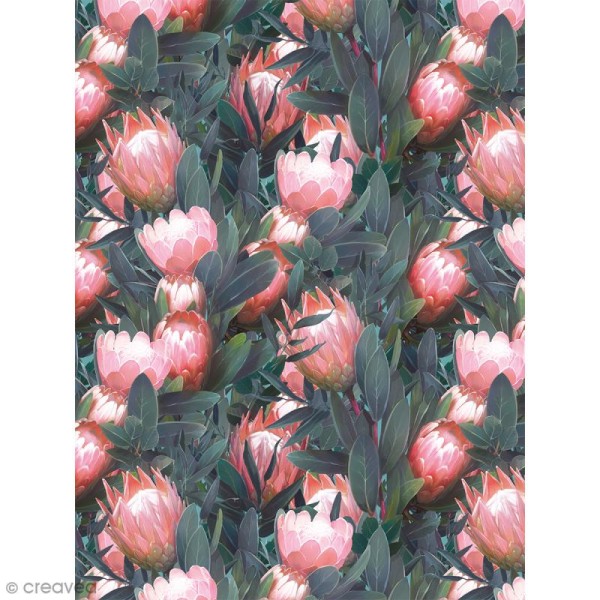 Décopatch N° 757 - Motif Fleurs roses sur fond de Feuilles vertes - 1 feuille - Photo n°1
