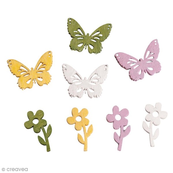 Set de miniatures en bois - Fleurs et papillons - 20 pcs environ - Photo n°1