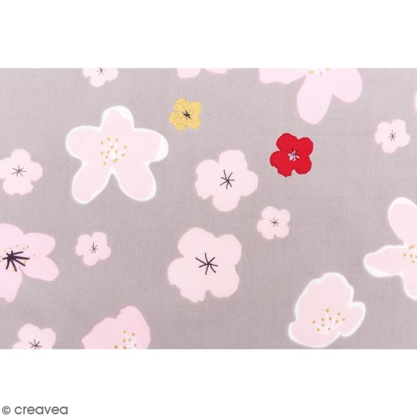 Tissu Rico - Toile de Jouy - Grandes Fleurs - fond Gris - Par 10 cm (sur mesure) - Photo n°3