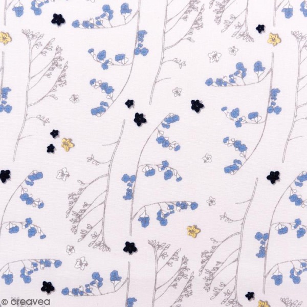 Tissu Rico - Toile de Jouy - Fleurs Sauvages - fond Gris et Doré - Par 10 cm (sur mesure) - Photo n°1