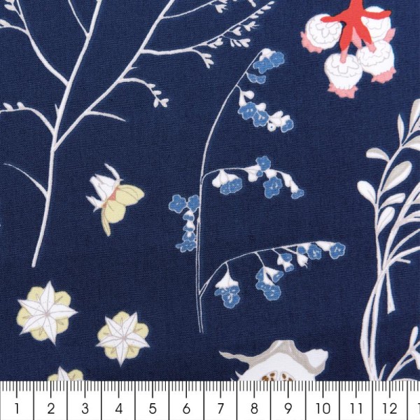 Tissu Rico - Toile de Jouy - Fleurs Sauvages - fond Bleu - Par 10 cm (sur mesure) - Photo n°2