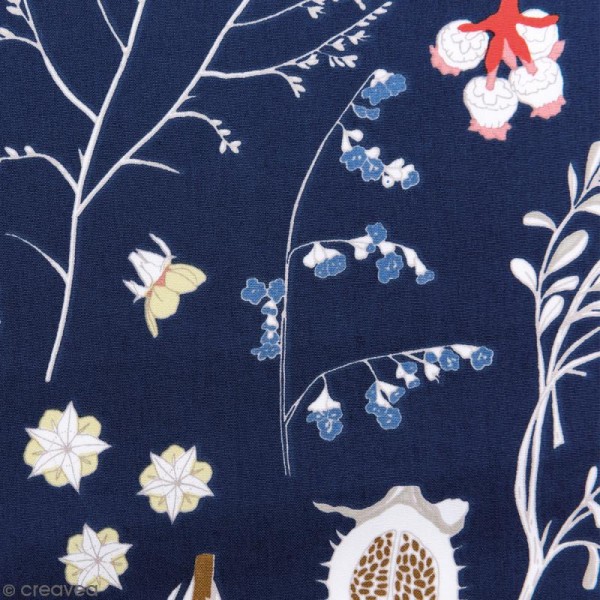 Tissu Rico - Toile de Jouy - Fleurs Sauvages - fond Bleu - Par 10 cm (sur mesure) - Photo n°1