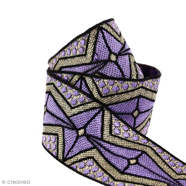 Galon ethnique - Violet motifs géométriques - 45 mm - Au mètre (Sur mesure) - Photo n°1