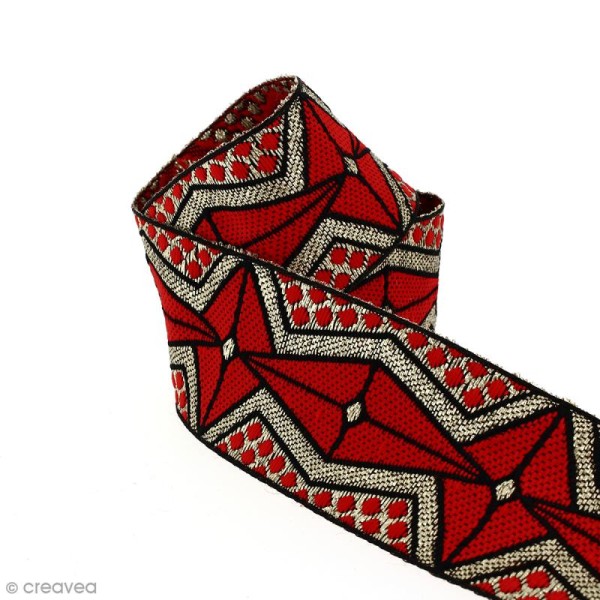 Galon ethnique - Rouge motifs géométriques - 45 mm - Au mètre (Sur mesure) - Photo n°1