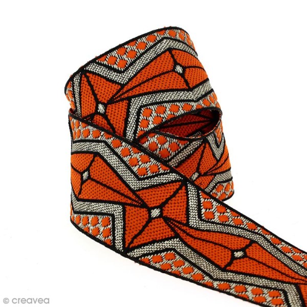 Galon ethnique - Orange motifs géométriques - 45 mm - Au mètre (Sur mesure) - Photo n°1