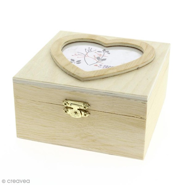 Boîte carrée en bois à décorer - Photo coeur - 13,7 x 7 x 13,1 cm - Photo n°1