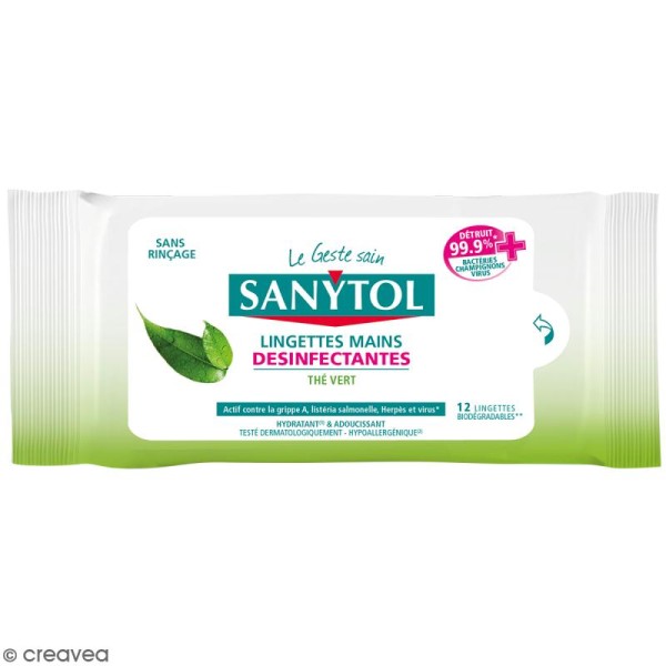 Lingettes mains désinfectantes hydratantes Sanytol - Thé Vert - 12 lingettes - Photo n°1