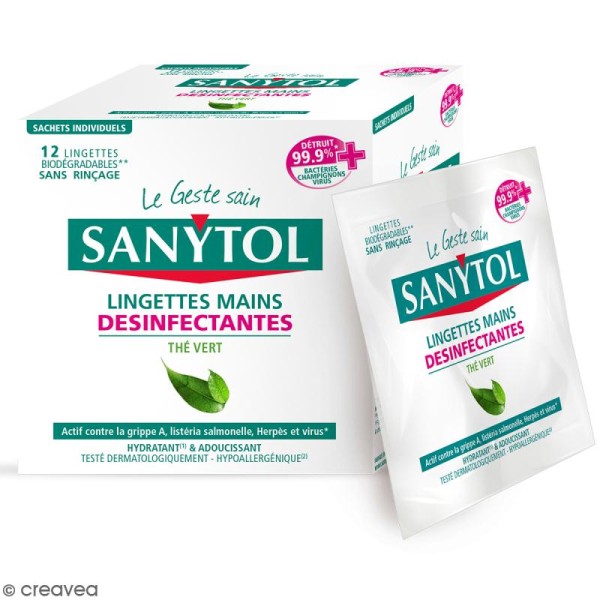 Lingettes mains individuelles désinfectantes Sanytol - Thé Vert - 12 lingettes - Photo n°1