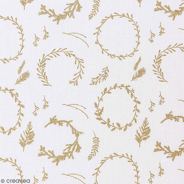 Tissu coton de Noël - Couronnes dorées - Par 10 cm - Photo n°1