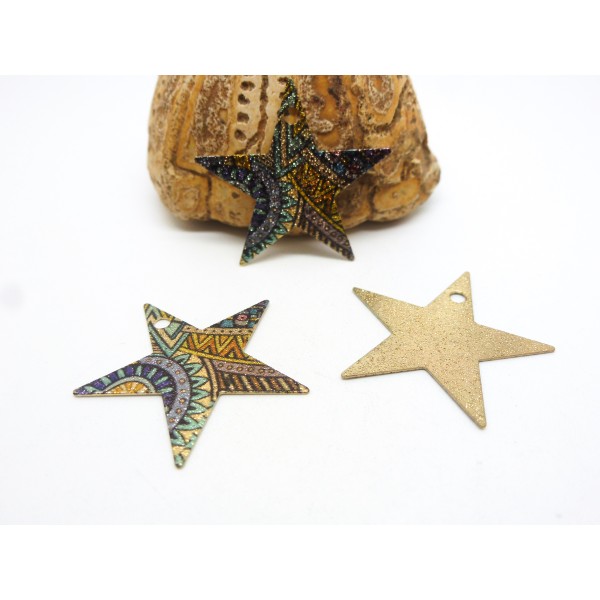 2 Breloques étoile pailletée - 23*22mm - imprimé art déco, vintage doré et bleu - Photo n°1