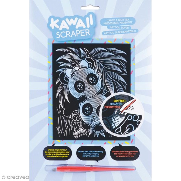Carte à gratter Scraper Kawaii argentée - Pandas joueurs - 20 x 25 cm - Photo n°2