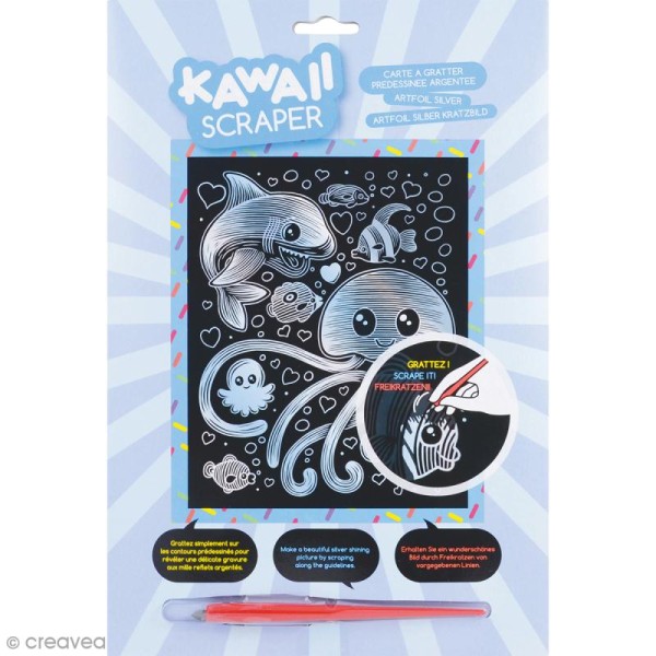 Carte à gratter Scraper Kawaii argentée - Sous l'océan - 20 x 25 cm - Photo n°2
