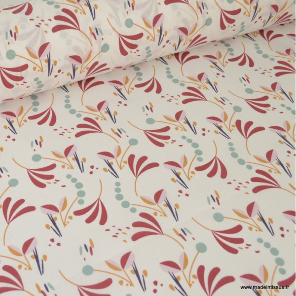 Tissu coton imprimé Feuillage moutarde et rouge sur fond blanc Oeko tex - Photo n°1