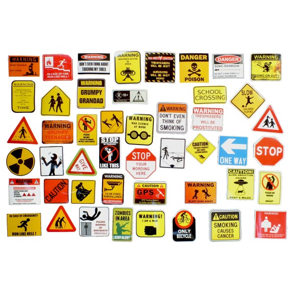 LOT DE 45 stickers autocollants en quadrichromie thême Attention Danger de 35 à 60 mm - Photo n°1