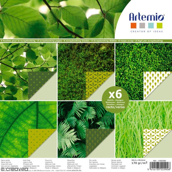 Papier scrapbooking Artemio - Vert feuilles - 30,5 x 30,5 cm - 6 feuilles - Photo n°1