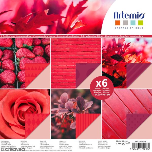 Papier scrapbooking Artemio - Rouge nature - 30,5 x 30,5 cm - 6 feuilles - Photo n°1