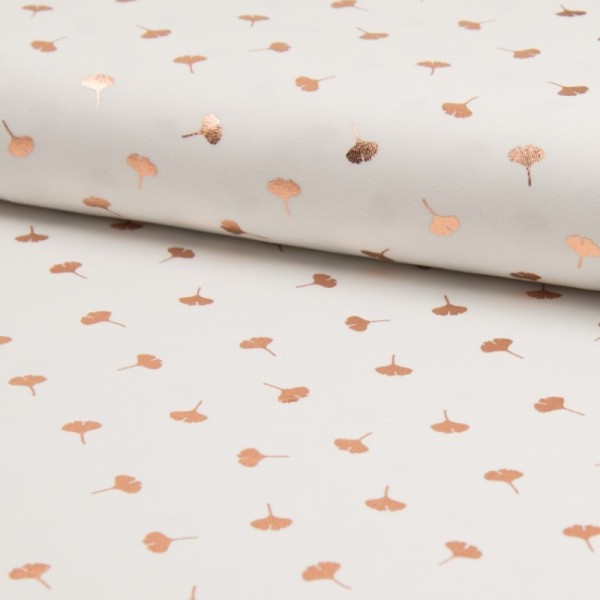 Tissu Jersey coton motifs feuilles de Gingko Cuivrés - Photo n°1