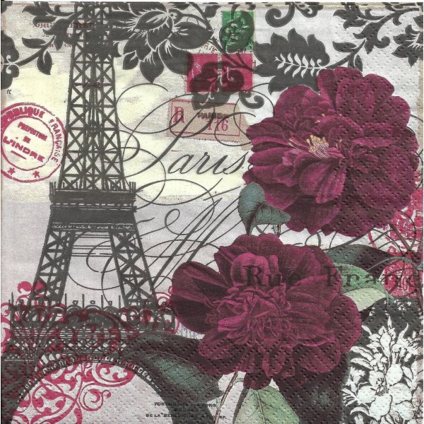 4 Serviettes en papier Paris Tour Eiffel Fleur Format Lunch Decoupage Decopatch Ti-Flair 373430 - Photo n°2