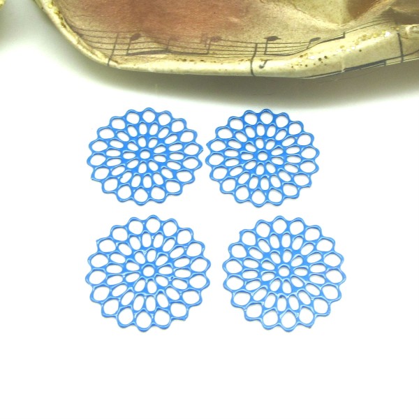 4 Connecteurs Estampes Petites Rosaces Filigranées Bleu Outremer - 16 mm - Photo n°1