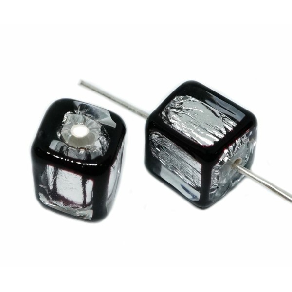2 pc 925 Sterling Argent Noir Lampwork À la Main Carré Cube Perles Tchèque Verre 10mm x 10mm - Photo n°1