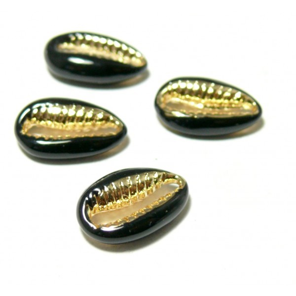 2 perles interclalaires émaillés Cauri résine emaille Noir sur metal doré14 par 4,5mm - Photo n°1